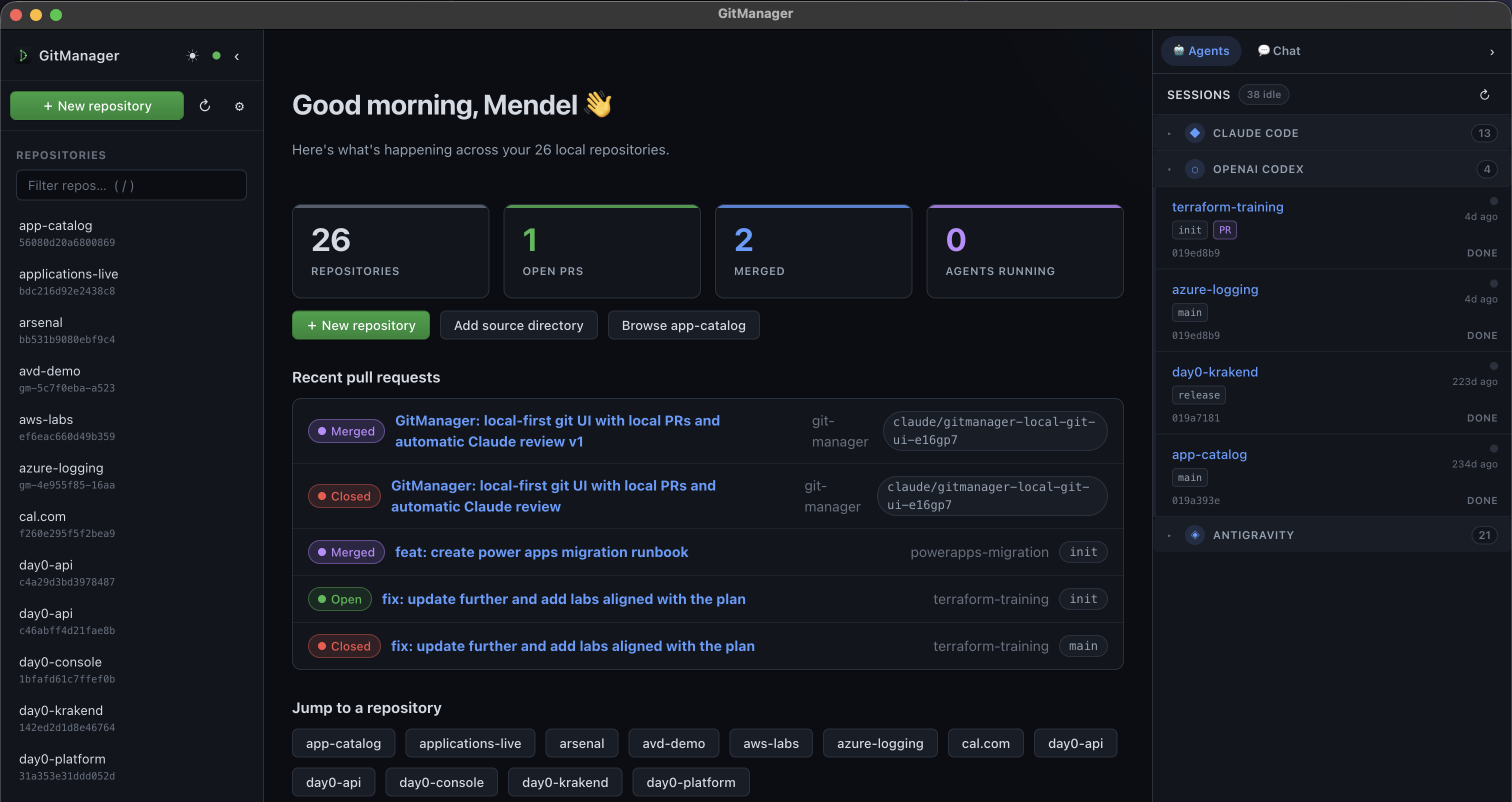 The GitManager dashboard: a sidebar of local repositories, a summary of repos and pull requests, recent pull requests, and a panel of live AI agent sessions (Claude Code, OpenAI Codex, Antigravity).